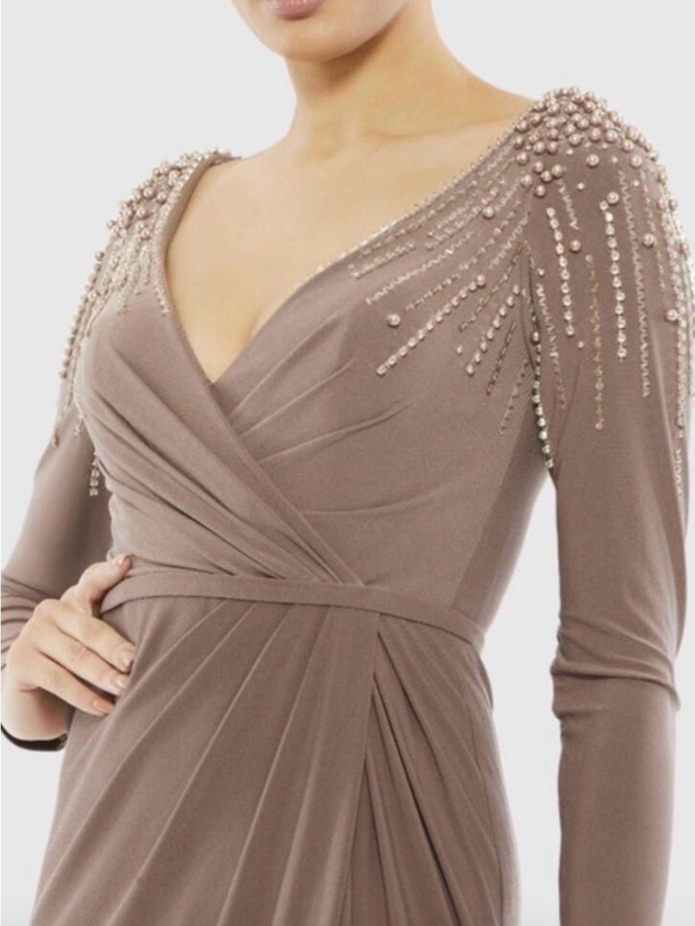 MAC DUGGAL Dress Size 16 Evening Gown Brown Faux Wrap Jersey Gown